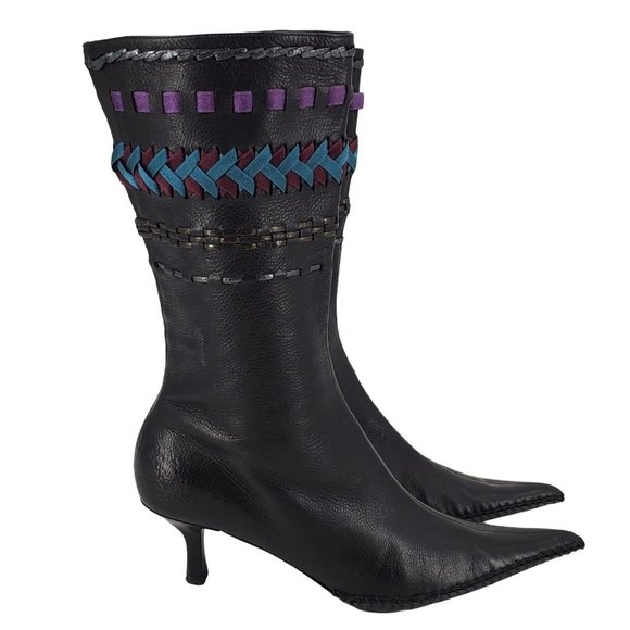 Nine West Studio Briallen Black Leather Mid Calf Point Toe Kitten Heel Boots - Picture 1 of 16